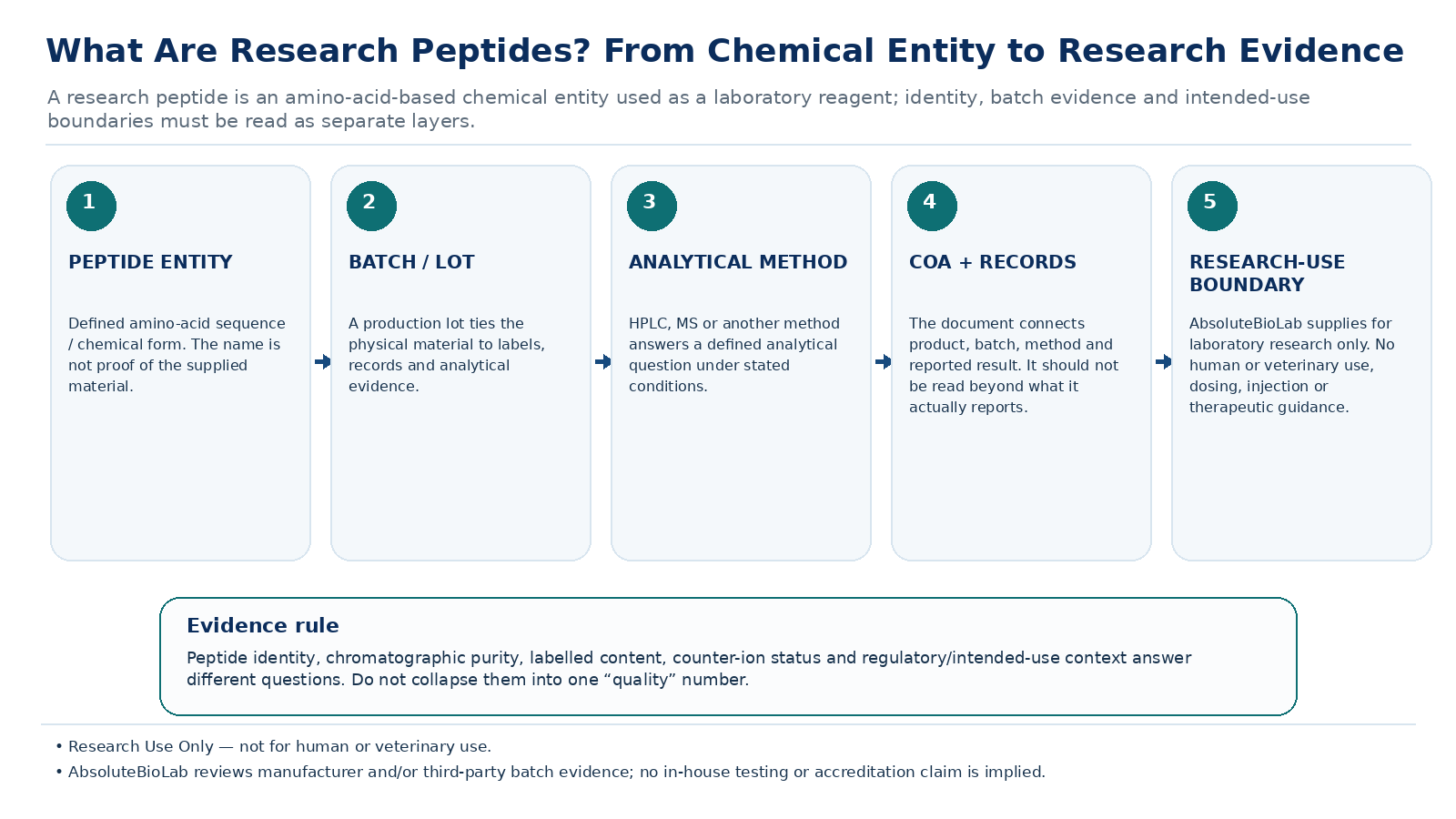 Five-step laboratory evidence chain from peptide entity to batch or lot, analytical method, CoA and documentation, and the Research Use Only boundary.