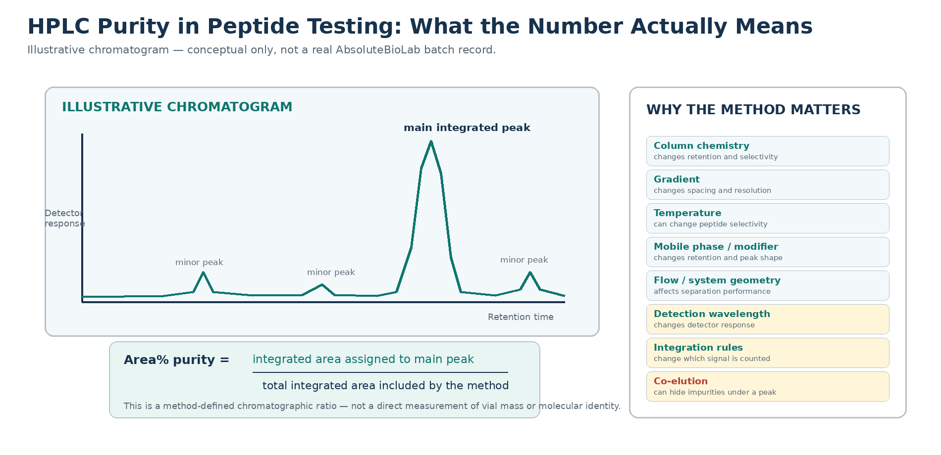 Illustrative peptide HPLC chromatogram explaining area-percent purity and method variables that affect chromatographic results.