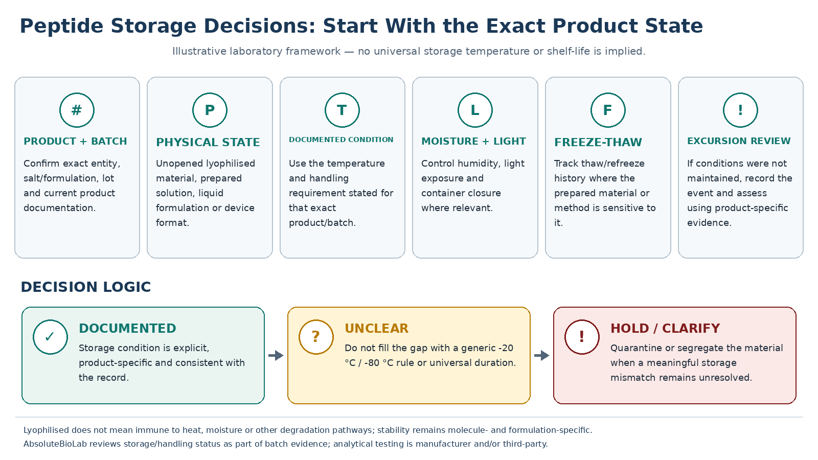 Peptide storage decision framework showing product identity, physical state, documented temperature, moisture and light controls, freeze-thaw history and excursion review.